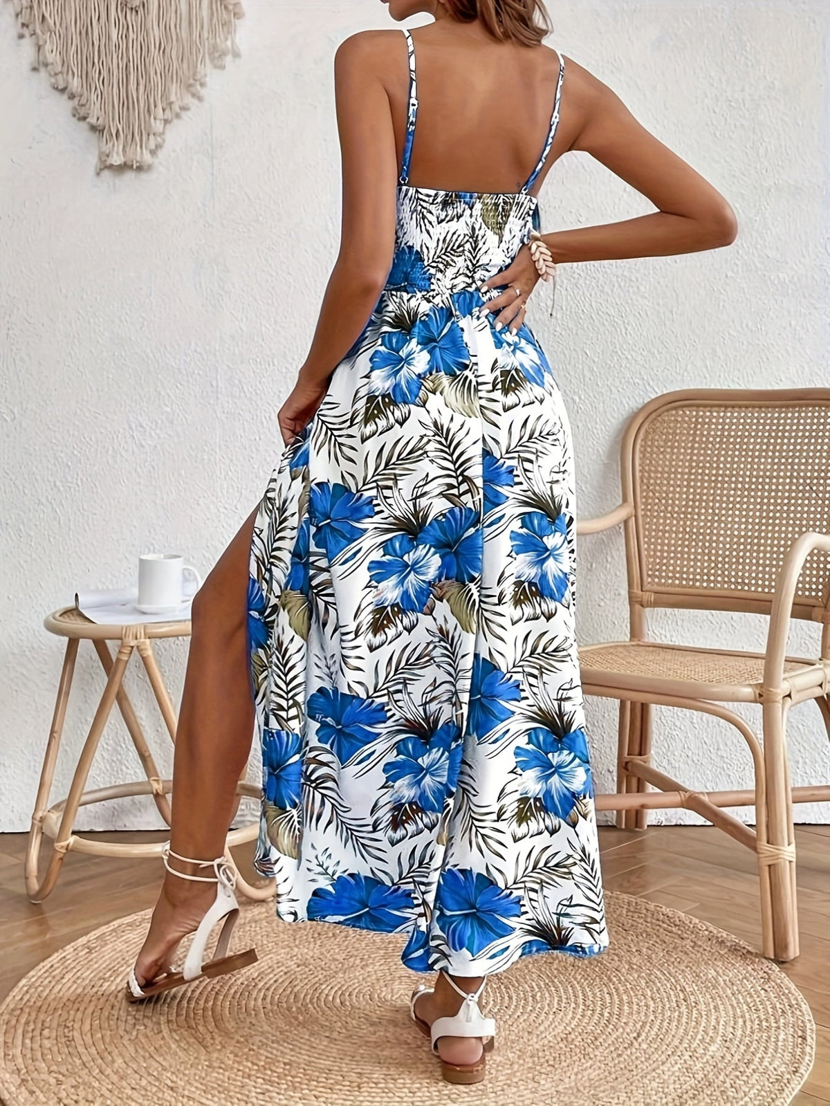 Floral Print Spaghetti Strap Elegant Sleeveless Split Dress