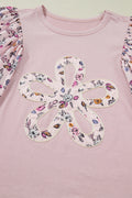 Pink Contrast Floral Patched Flowy Half Sleeve Blouse