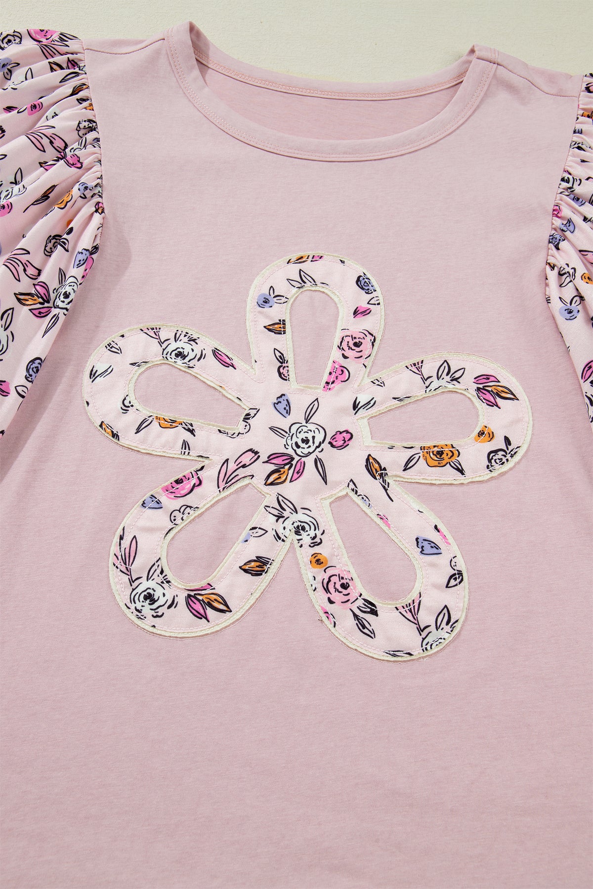 Pink Contrast Floral Patched Flowy Half Sleeve Blouse