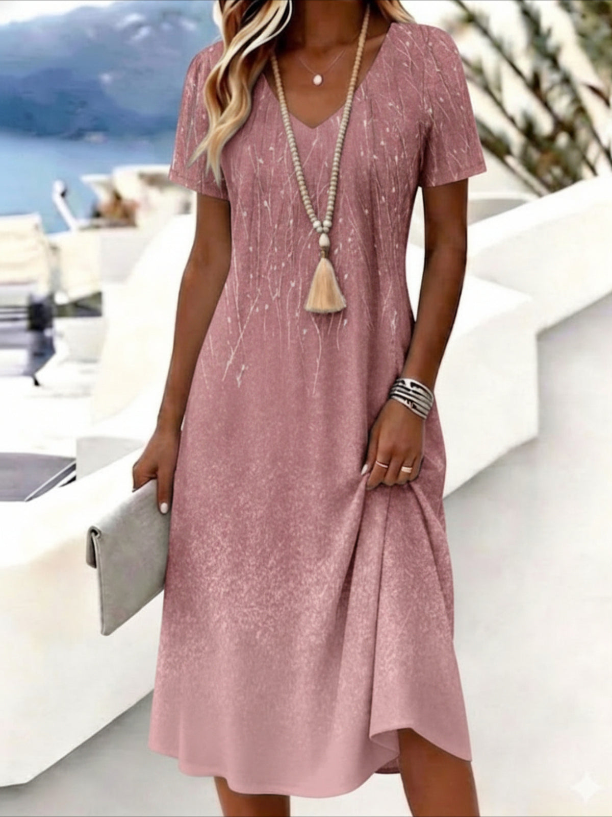 Print Short Sleeve V-Neck Casual Midi Dress