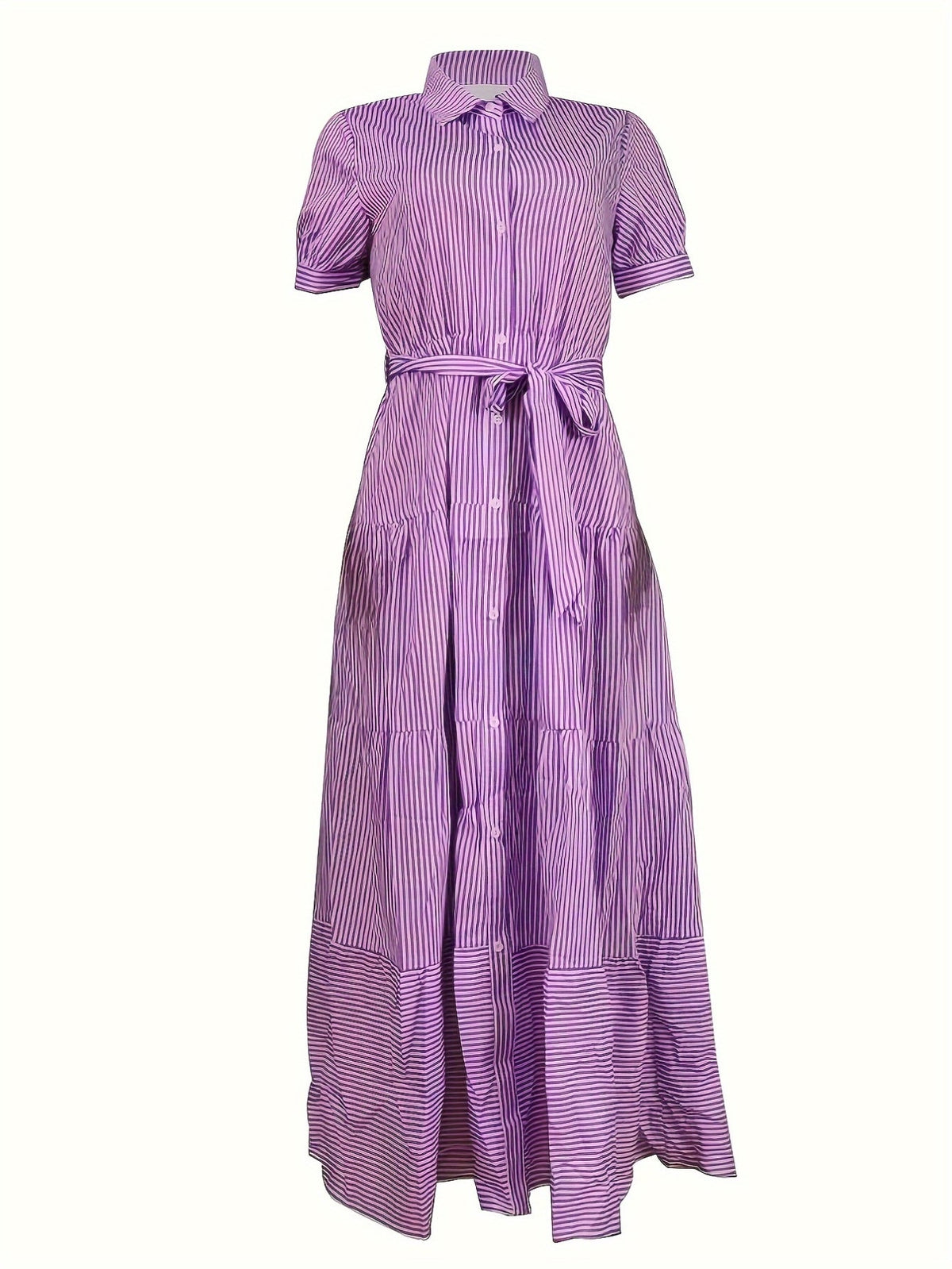 Button Front Short Sleeves Vibrant Striped Tunic Shirt Maxi Dress