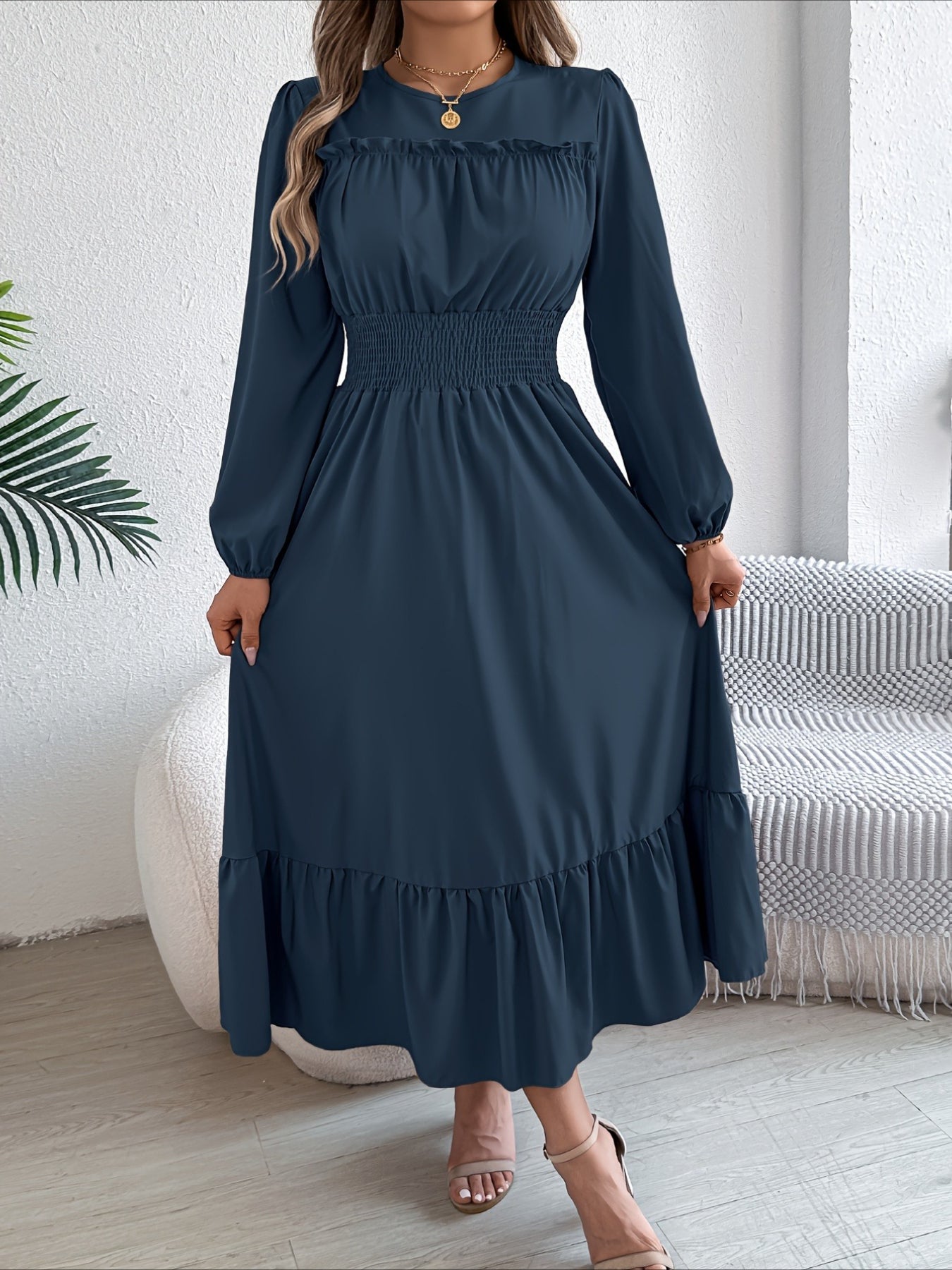 Elegant Long Sleeve Hem Round Neck Dress