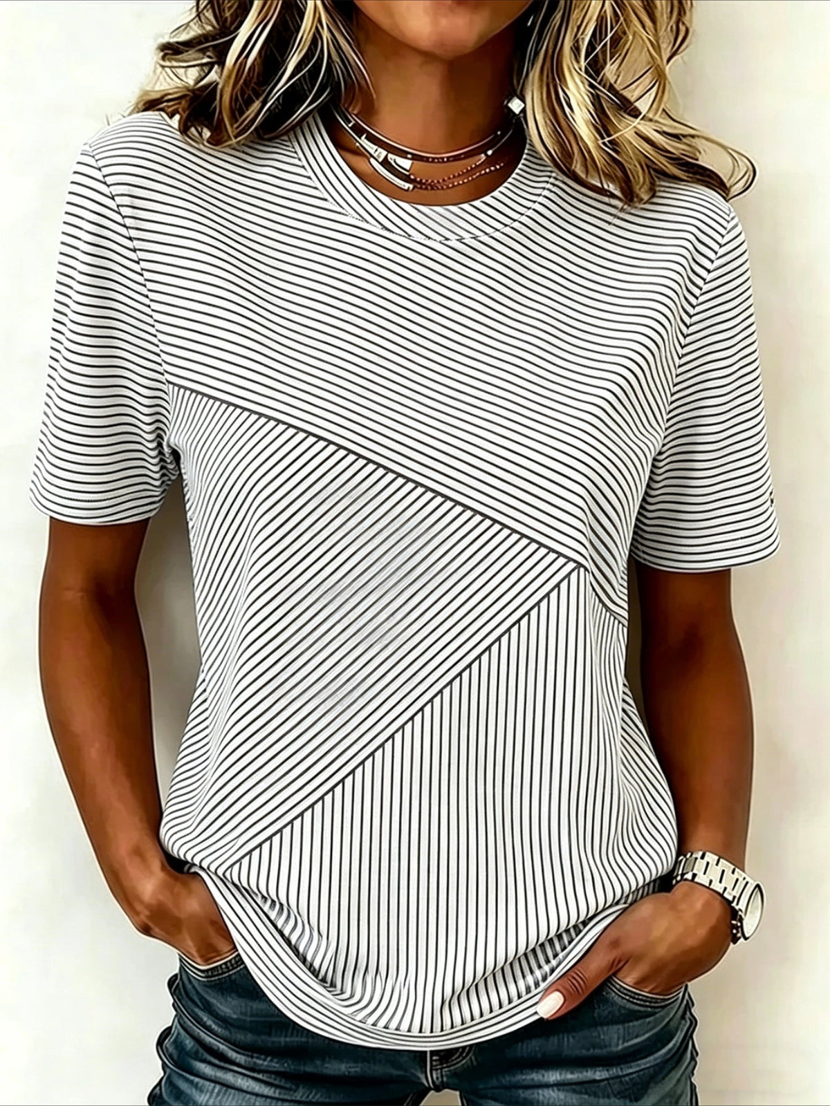 Stiped Crew Neck Short Sleeve Daily Going Out Casual T-Shirt
