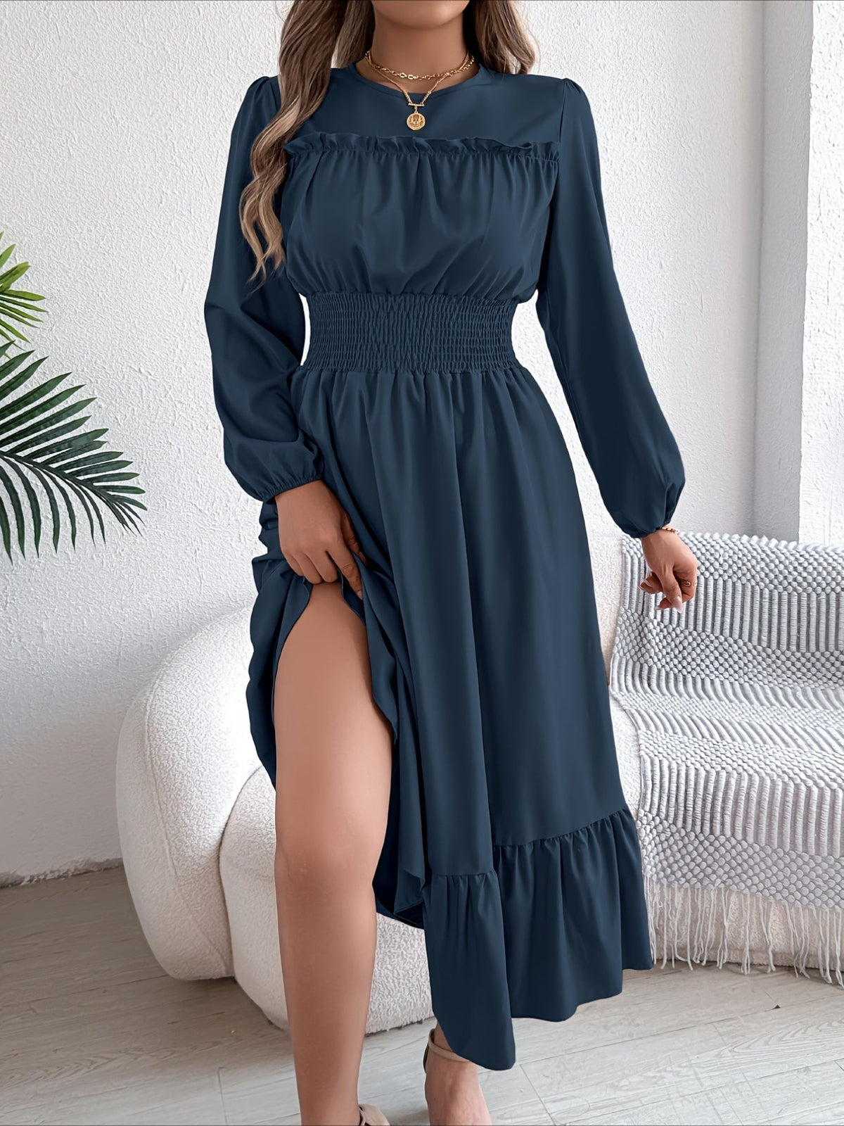 Elegant Long Sleeve Hem Round Neck Dress