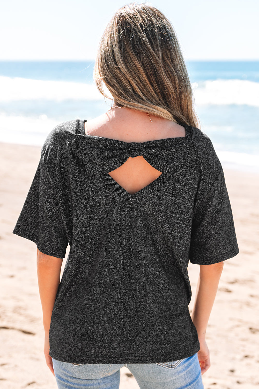 Black Bow Decor Glittery Short Sleeve Top