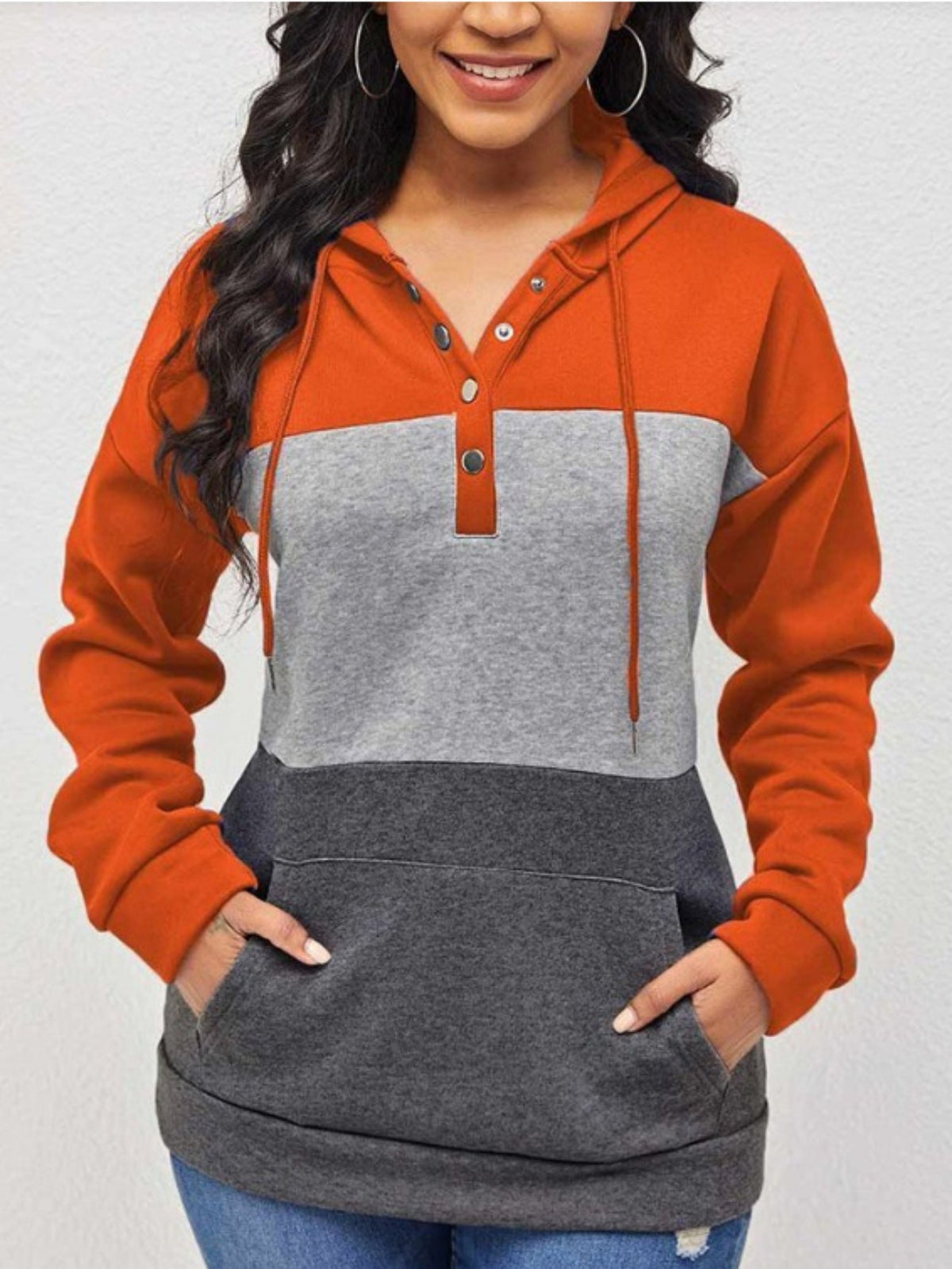 Color Block Button Drawstring Hoodie, Casual Long Sleeve Kangaroo Pocket Sweatshirt
