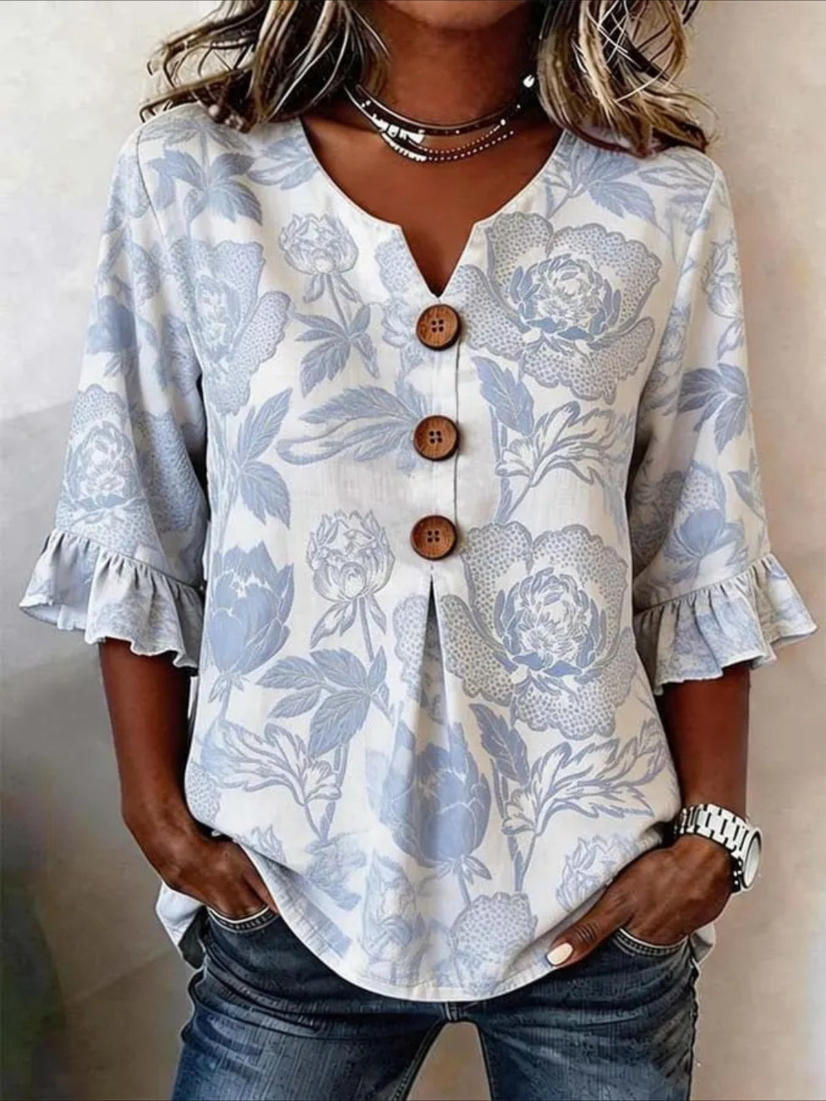 Floral V Neck Button Short Ruffle Sleeve Casual Top