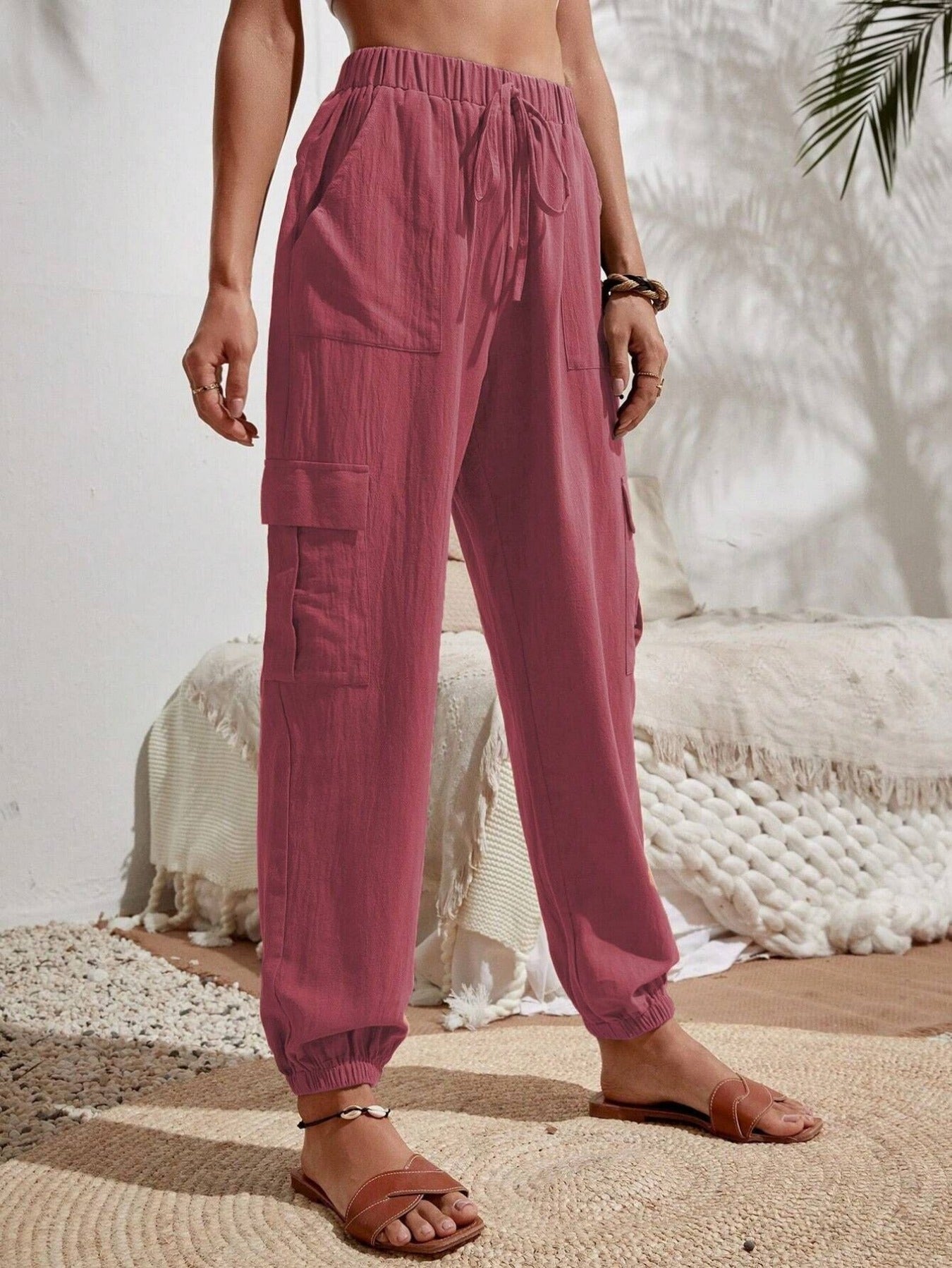 Solid Drawstring Pants, Casual Slant Pockets Cargo Pants