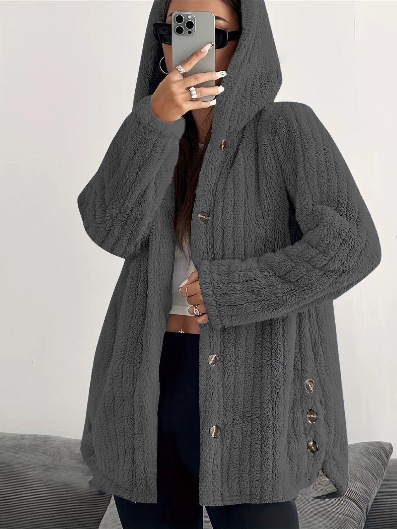 Solid Color Long Sleeve Hooded Loose Jacket