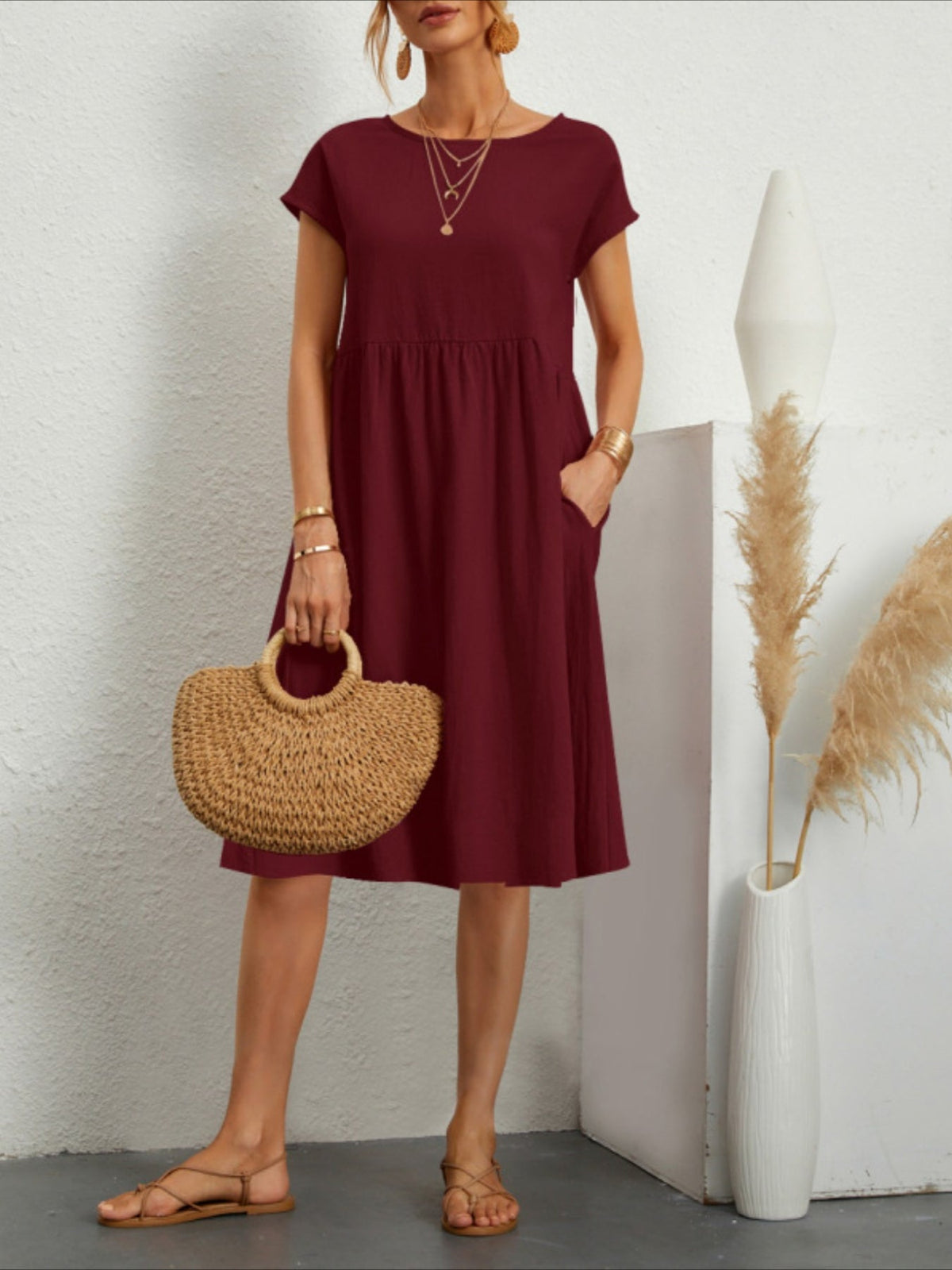Solid Crew Neck Dress With Pocket, Casual Short Sleeve Midi Dress