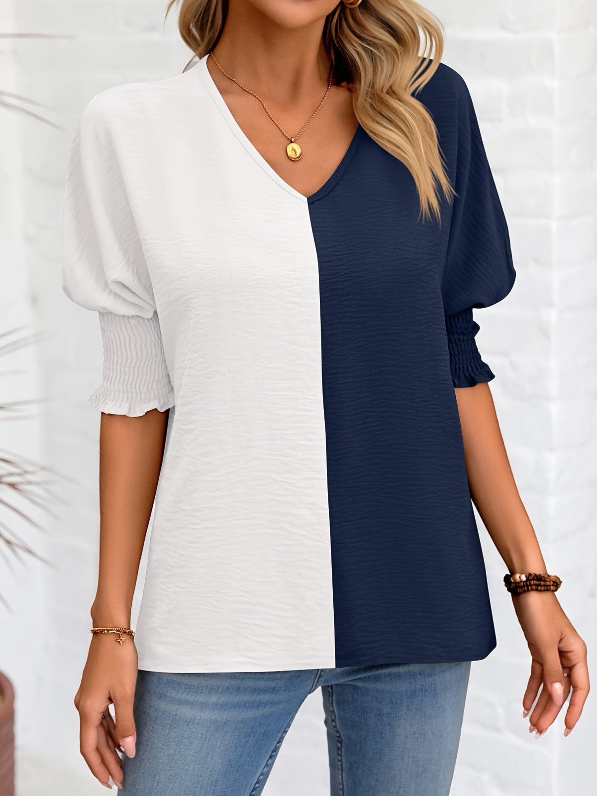 Color Block V Neck T-Shirt, Casual Shirred Lantern Sleeve T-Shirt