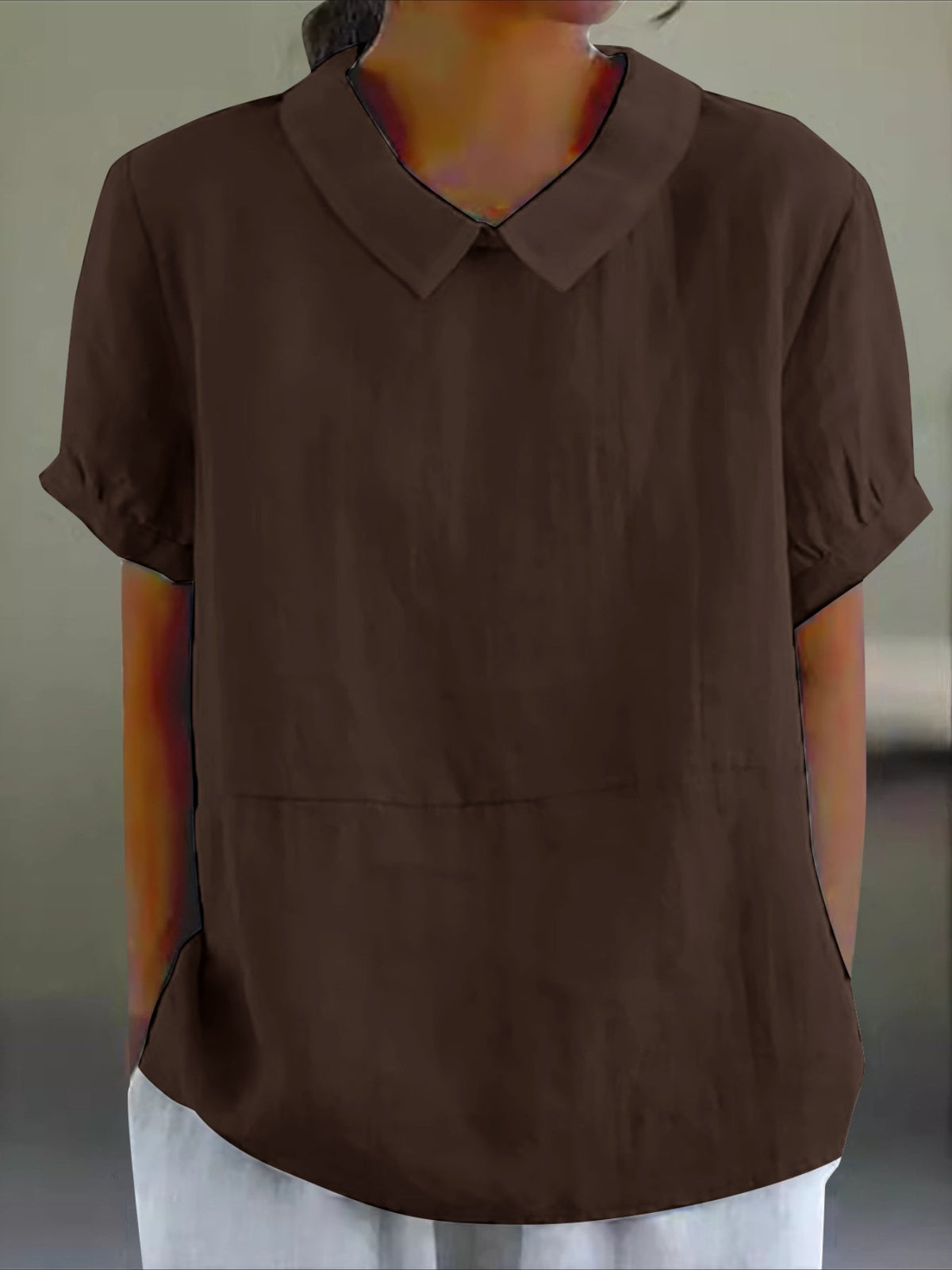 Solid Color Loose Lapel Short Sleeve Cotton Top