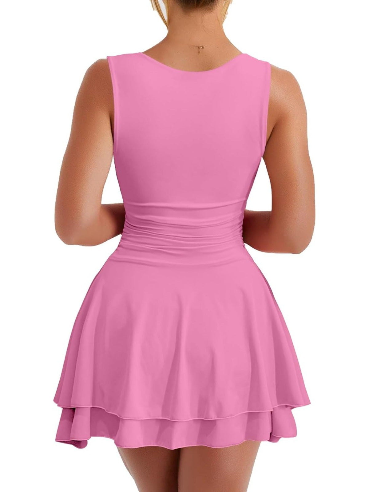 Solid Color Square Neck Ruffle Hem Ruched Waist Mini Dress