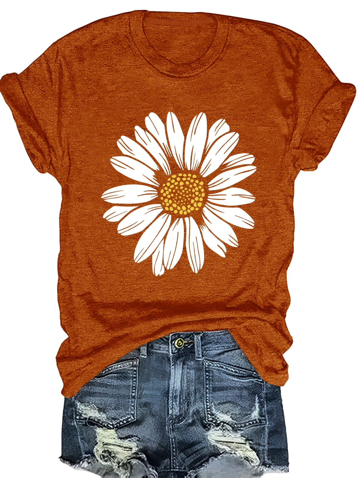 Daisy Flower Print Crew Neck Short Sleeve T-Shirt