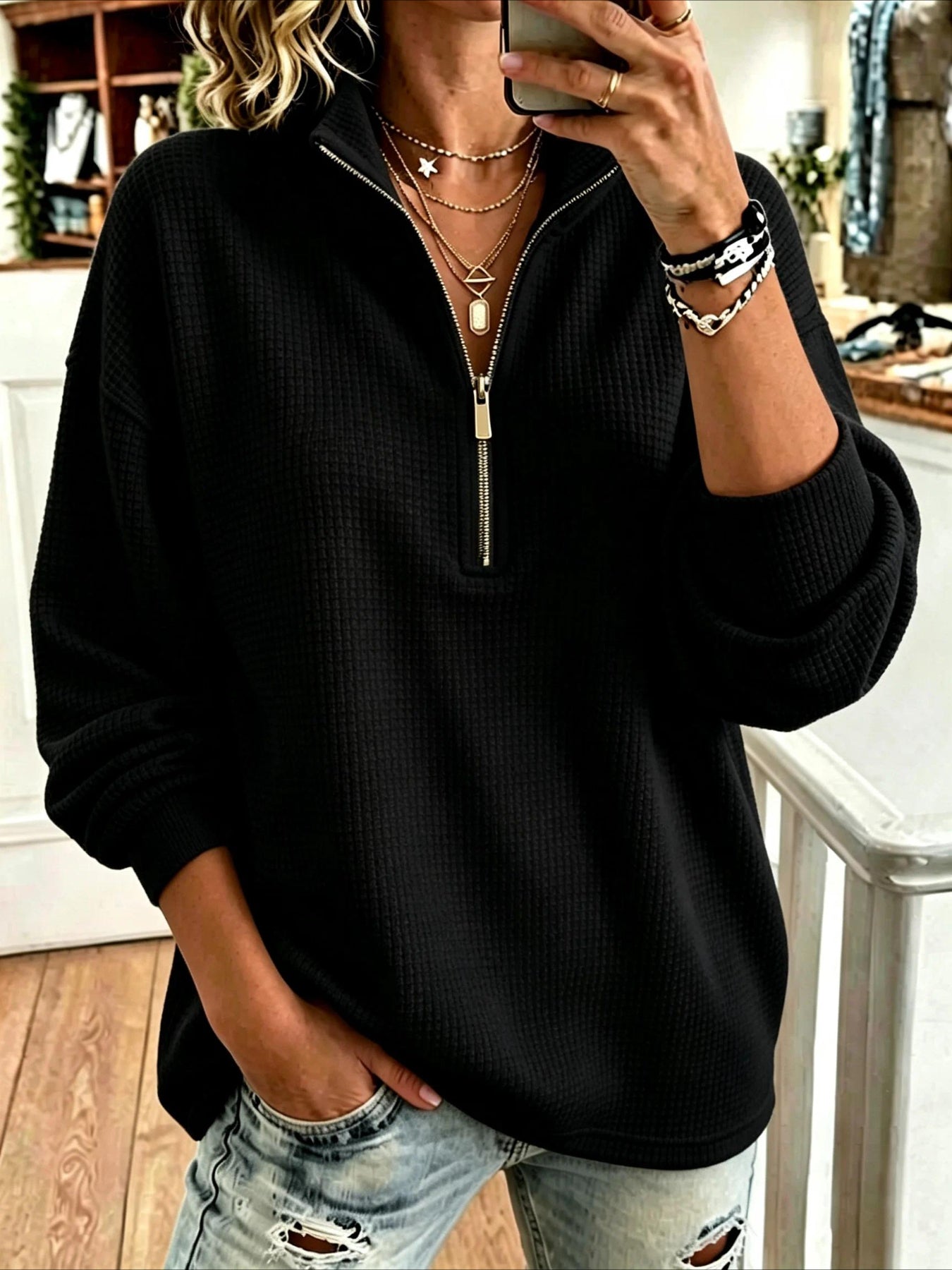 Solid Color Casual Plain Mock Neck Sweatshirt