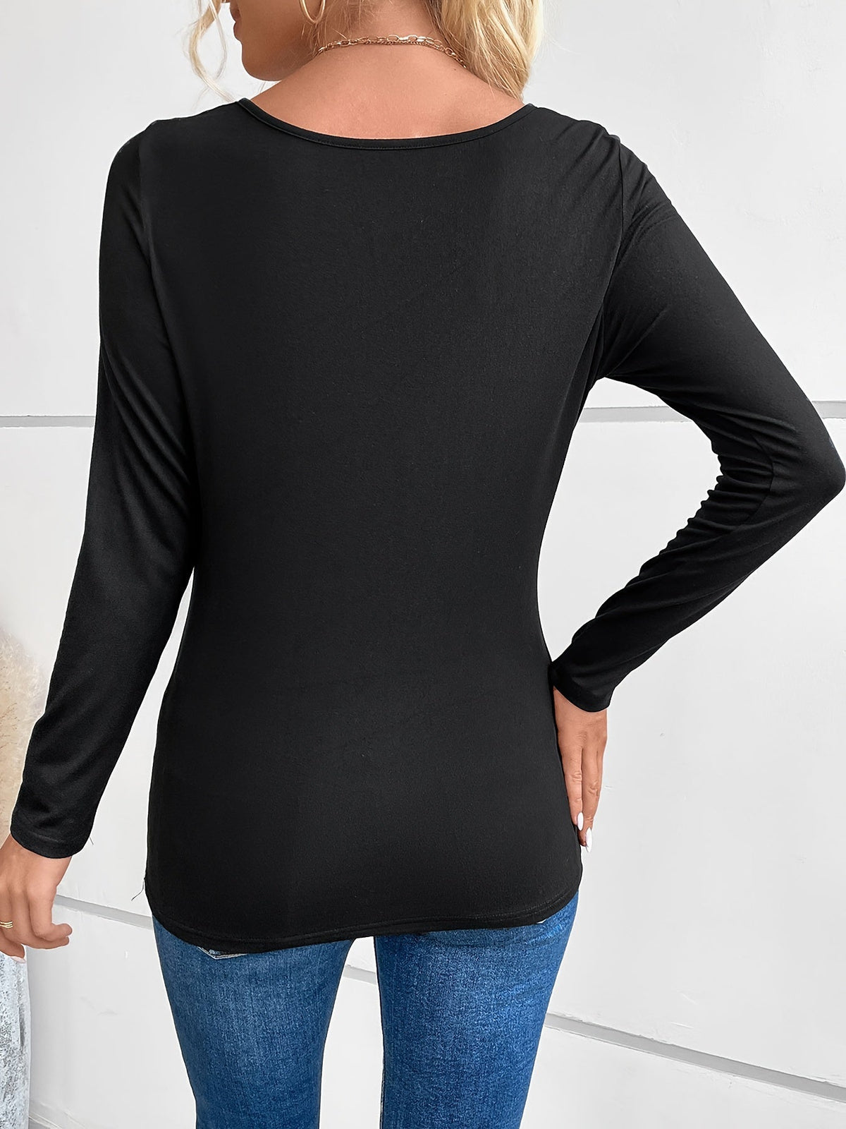 Rhinestone Print Faux Twinset Ruched T-Shirt, Casual Long Sleeve Top