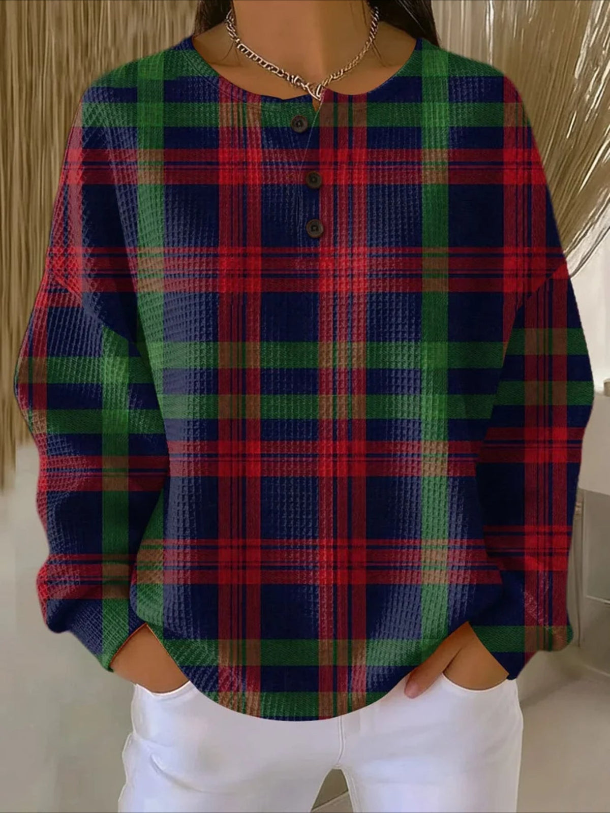 Colorful Ribbed V Neck Braided Print Long Sleeve Regular Sweatshirt