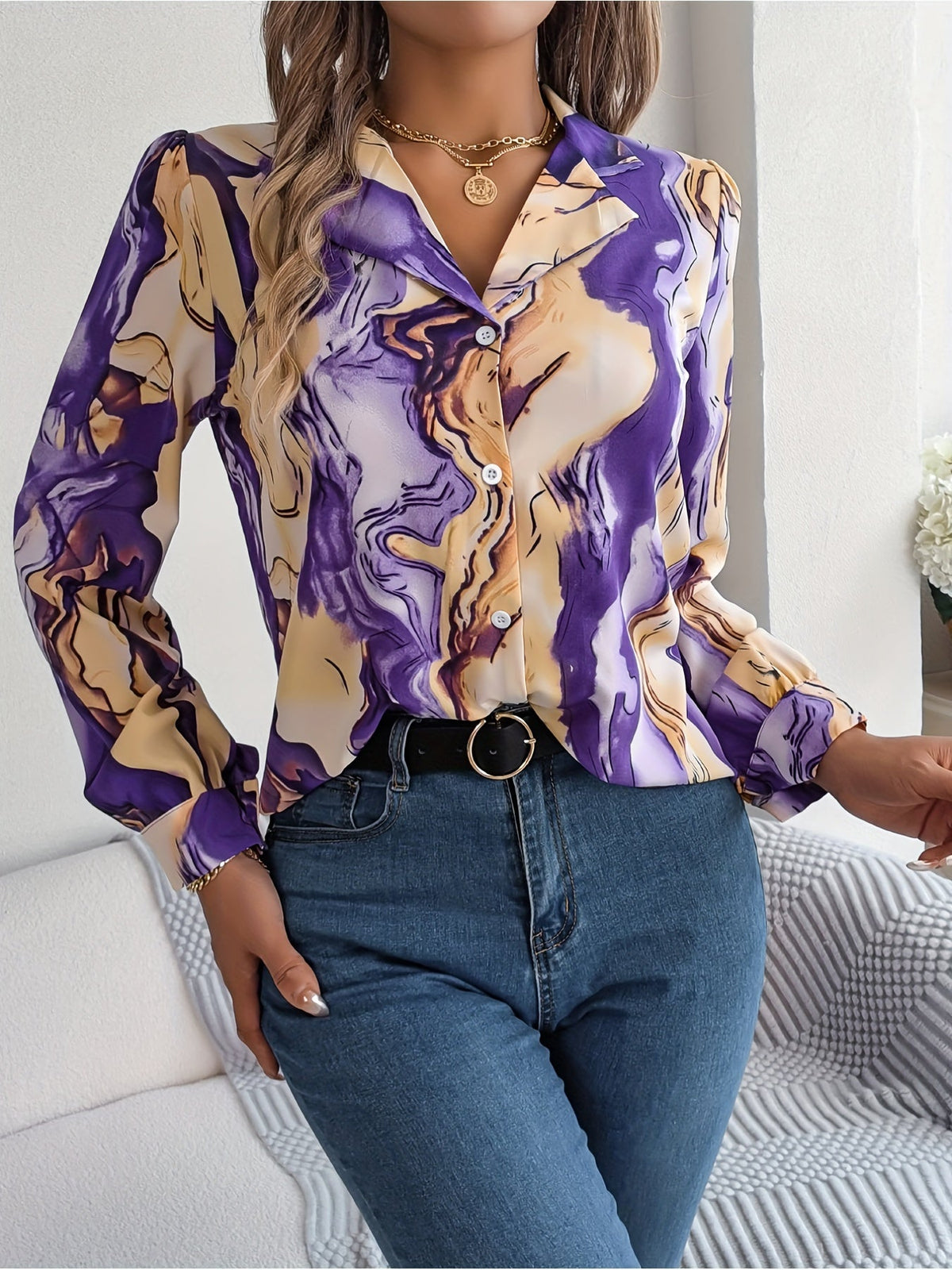 Graphic Print Button Front Shirt, Casual Long Sleeve Shirt