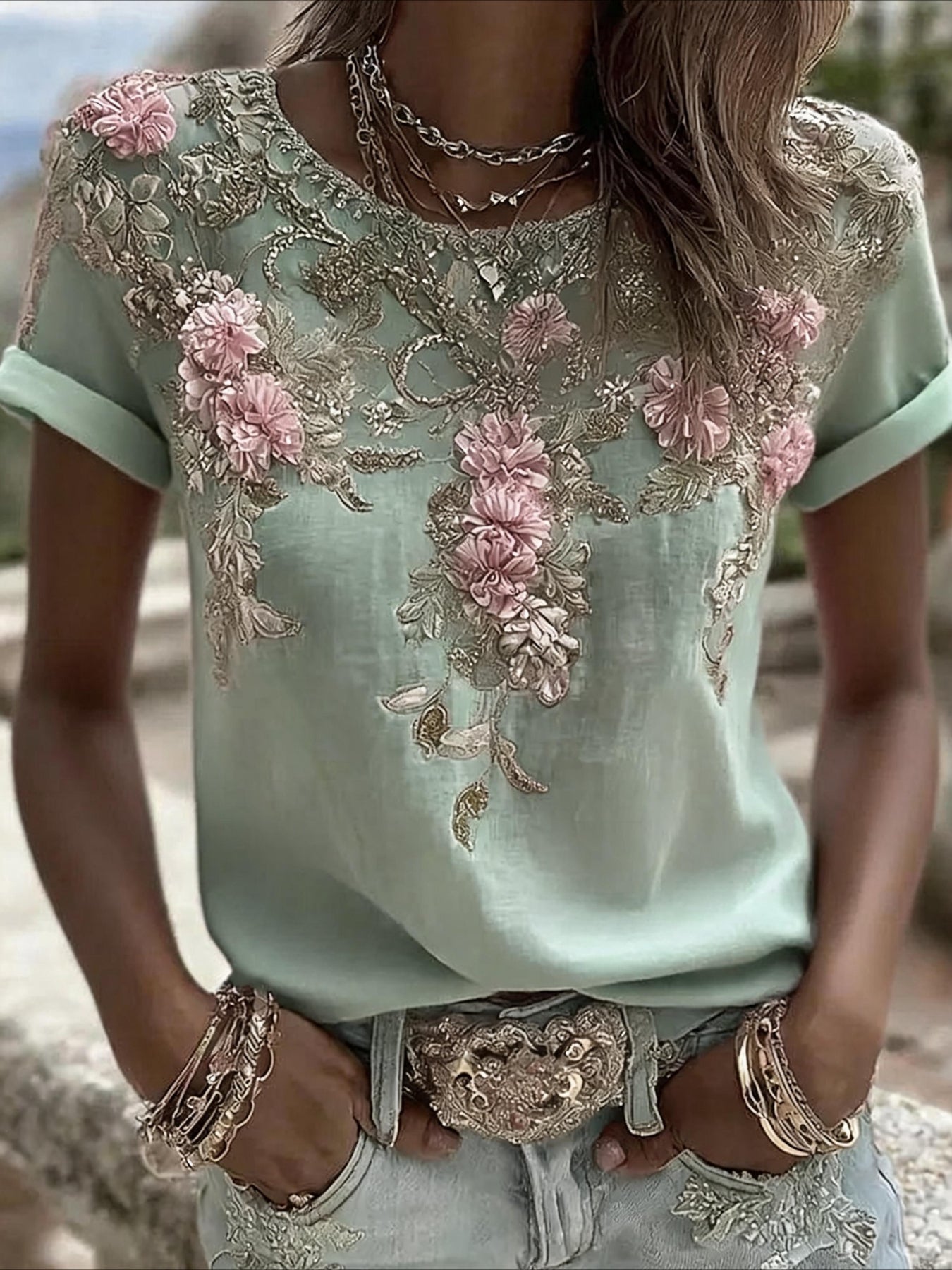 Floral Print Short Sleeve Crew Neck Top with Patchwork Blouse Style
