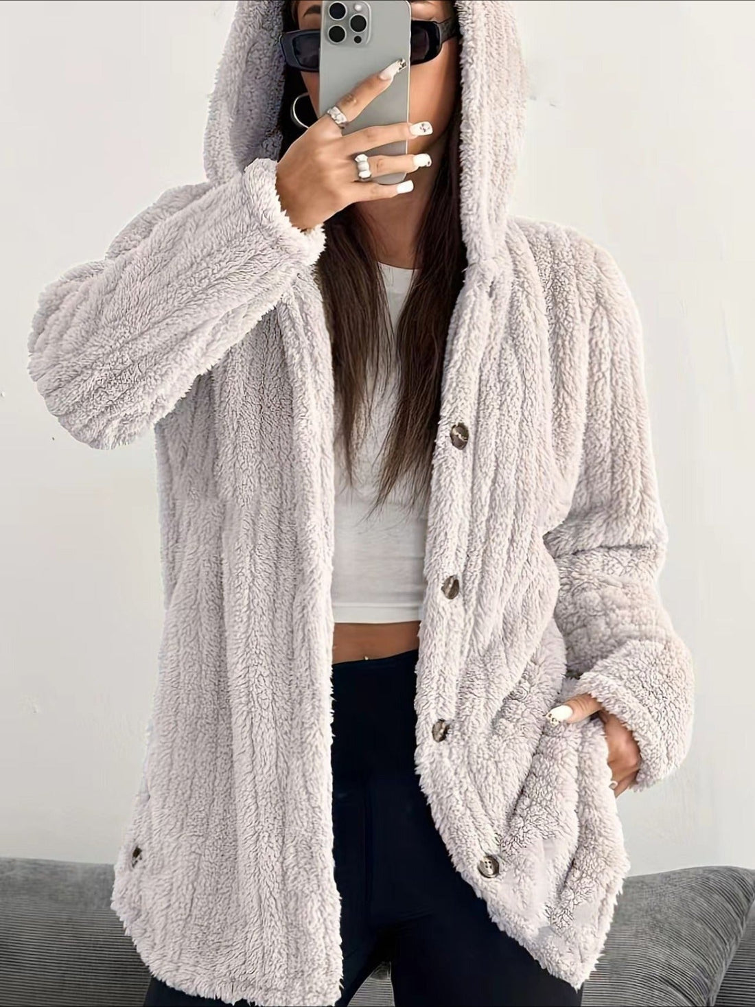 Solid Color Long Sleeve Hooded Loose Jacket