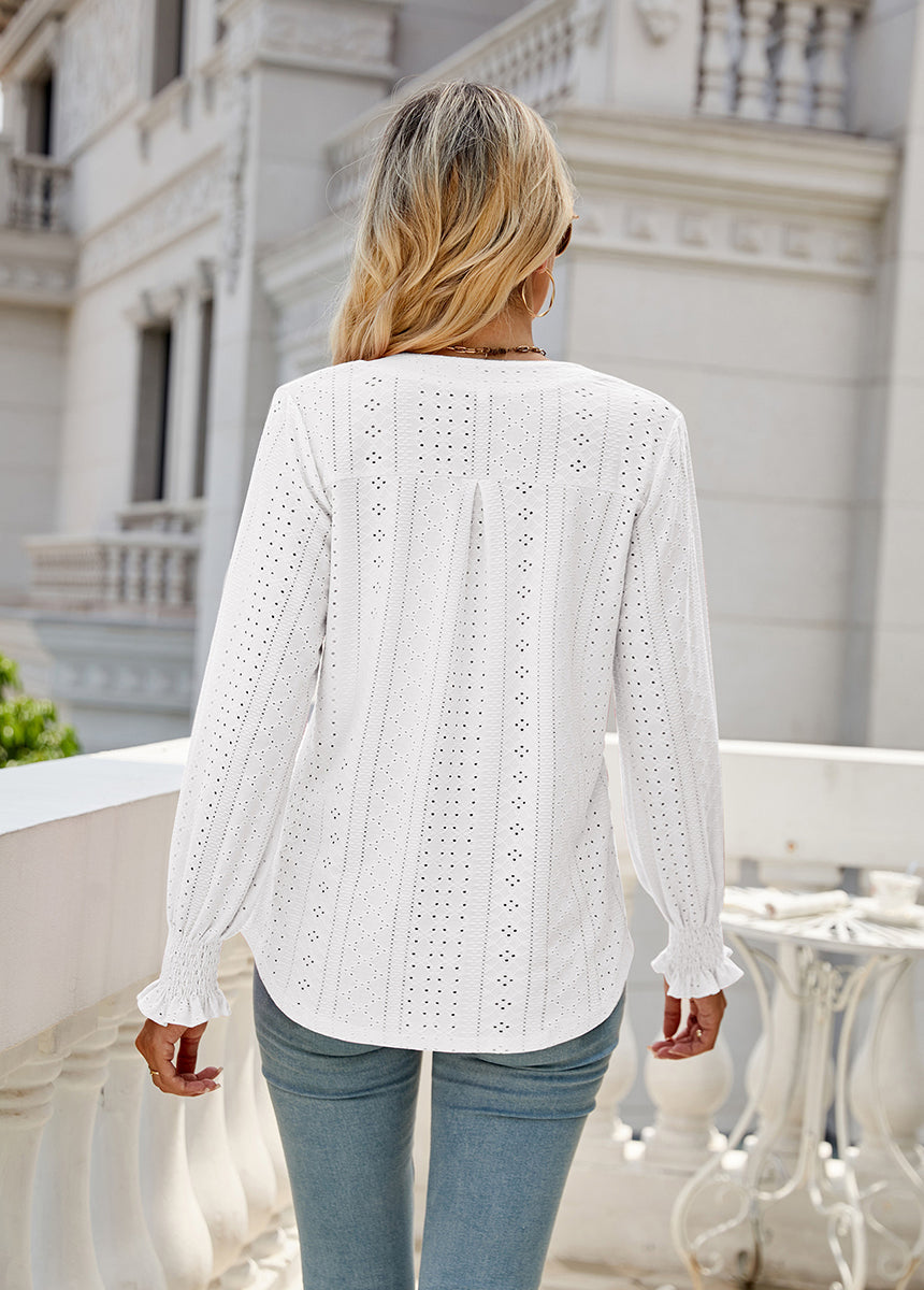 Solid Color Hollow Pleated Ruffle Sleeve V-Neck Loose Long Sleeve Top