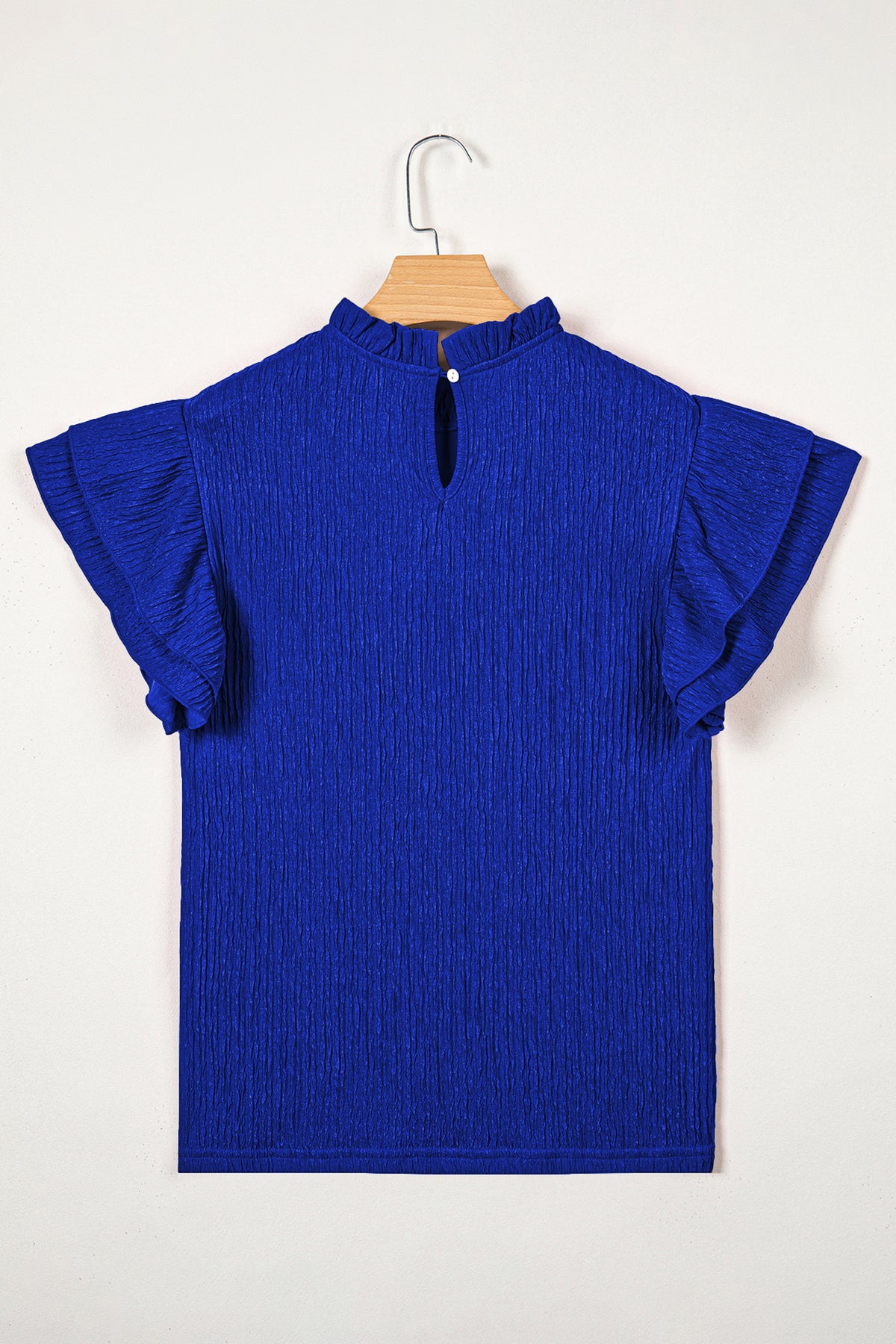 Dark Blue Solid Color Textured Ruffle Trim Short Sleeve Blouse
