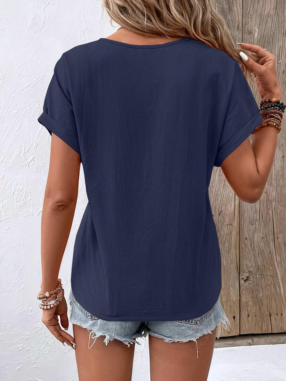 Elegant V-Neck Short Sleeve Button Detail Blouse
