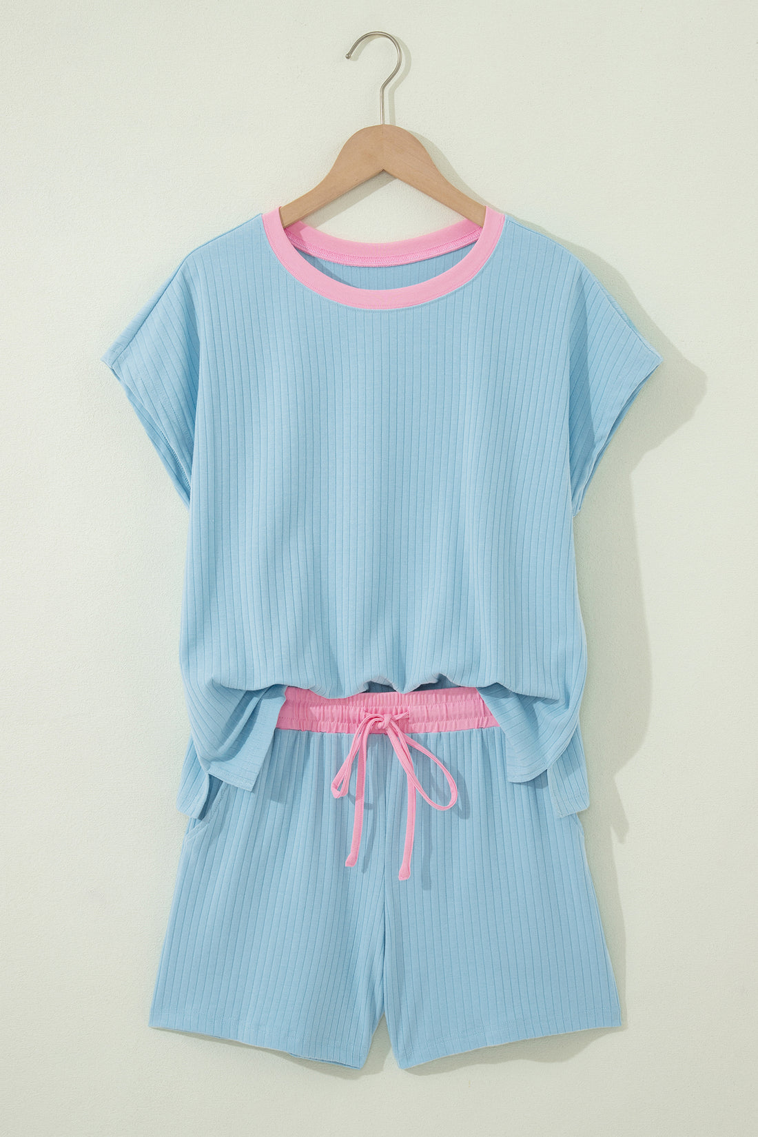 Mist Blue Soft Ribbed Color Block Trim Casual Short Set