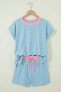 Mist Blue Soft Ribbed Color Block Trim Casual Short Set