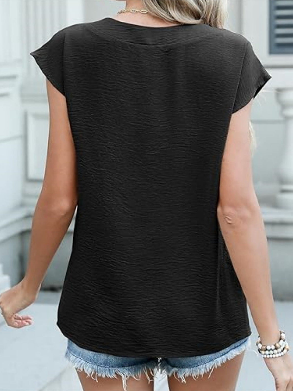 Plain V-Neck Batwing Short Sleeve Casual Loose Blouse