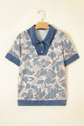 Multicolour Camouflage Print Denim Patchwork Polo Collar Tee