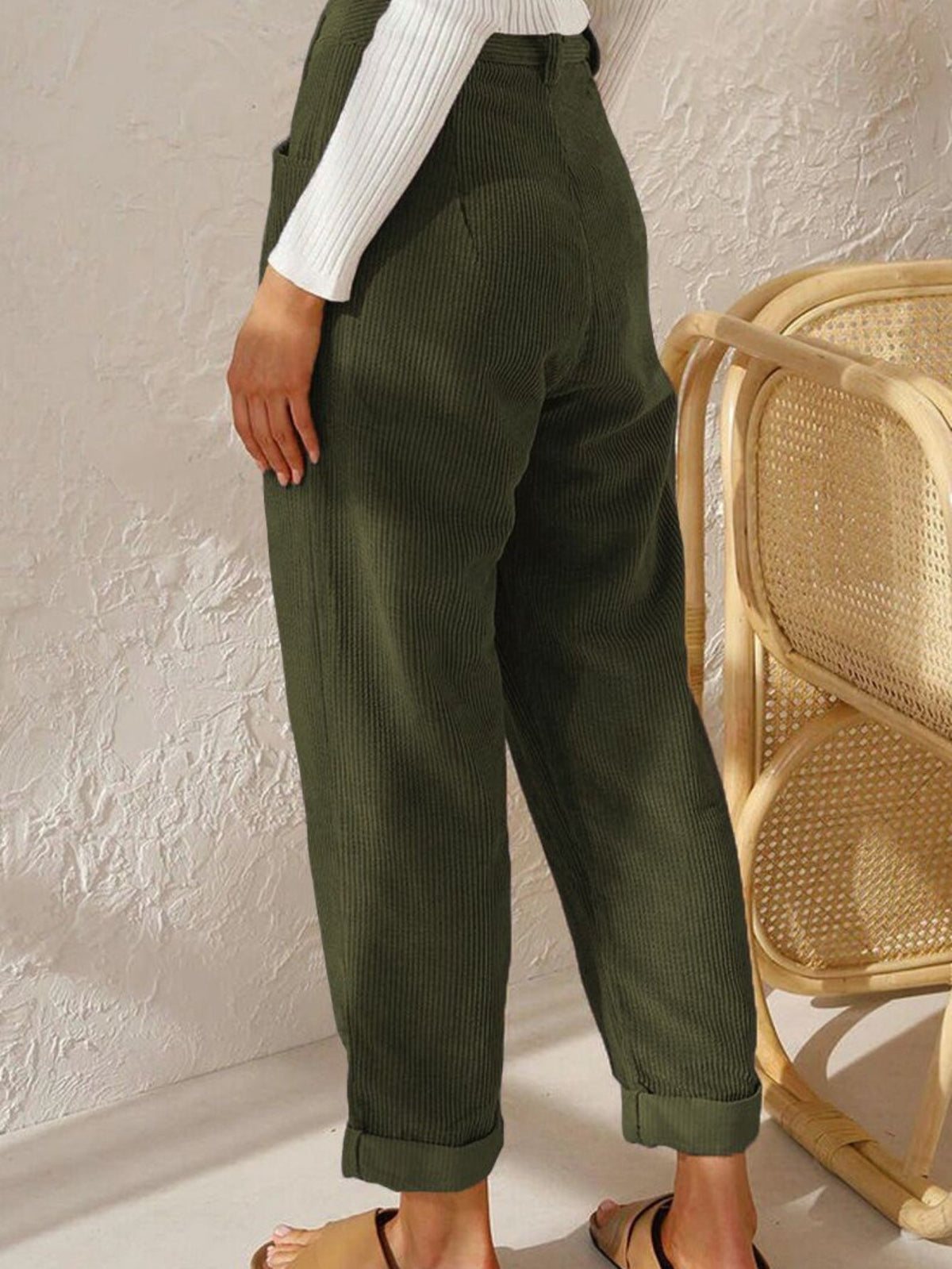 Women's High-Waist Corduroy Pants - Casual Solid Color, Loose Fit Straight Leg with Pockets