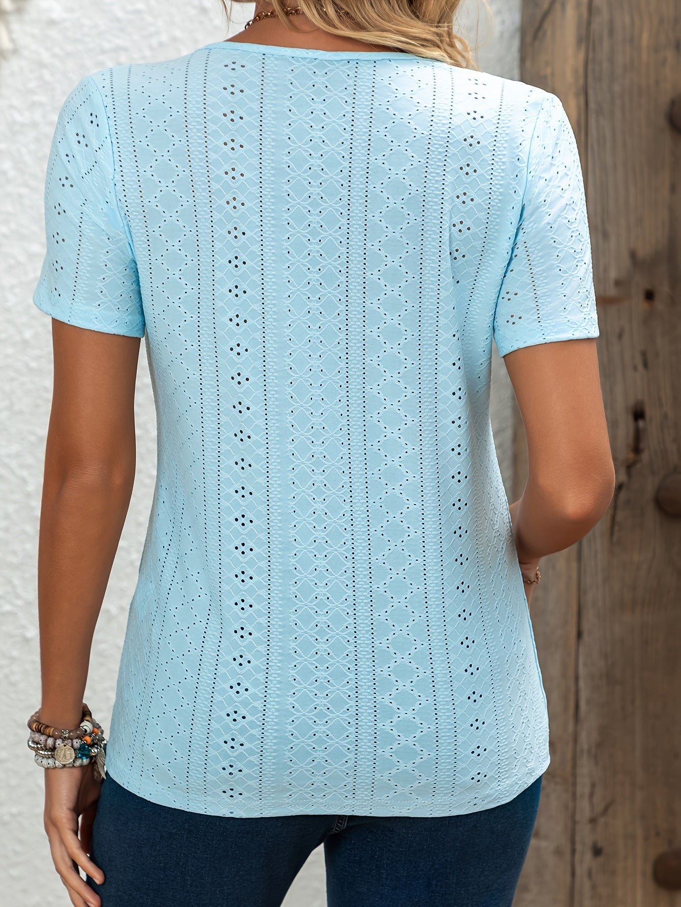 Elegant V-Neck Short Sleeve T-Shirt with Decorative Buttons
