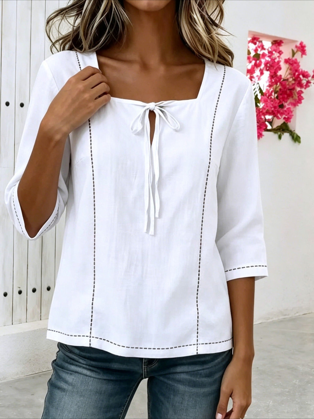 Loose Casual Popular Printed Lace-up Square Neck Mid-Sleeve Shirt