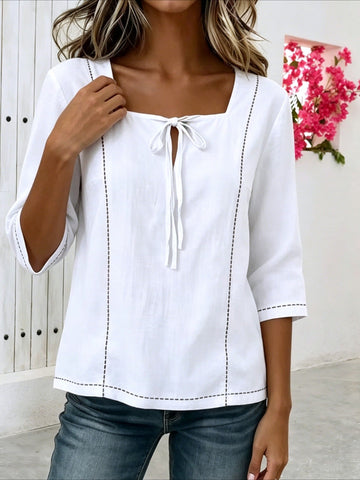 Loose Casual Popular Printed Lace-up Square Neck Mid-Sleeve Shirt