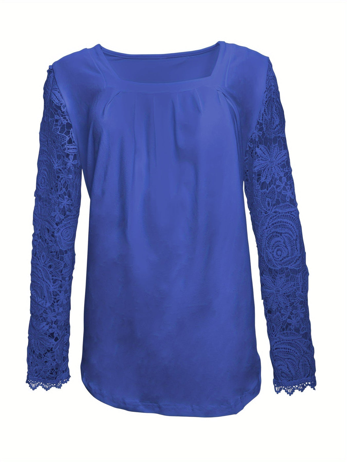 Lace Stitching T-Shirt, Casual Square Neck Long Sleeve T-Shirt