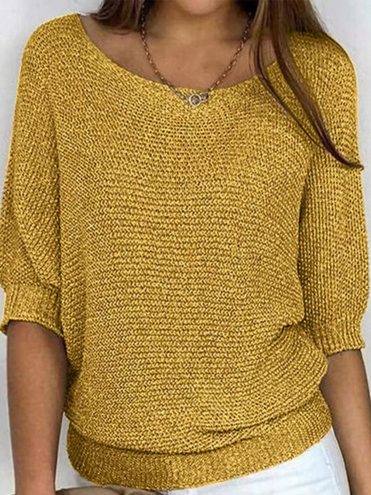 Solid Simple Knit Sweater, Casual Crew Neck 3/4 Sleeve Sweater