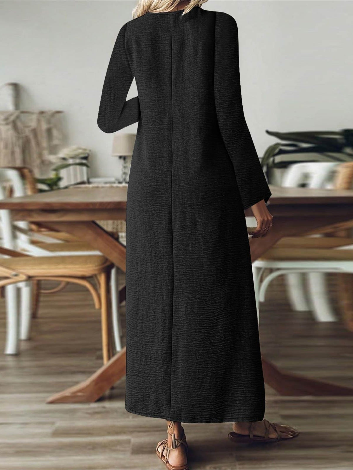 Back Zipper Solid Color Long Sleeve Cotton and Linen Dress
