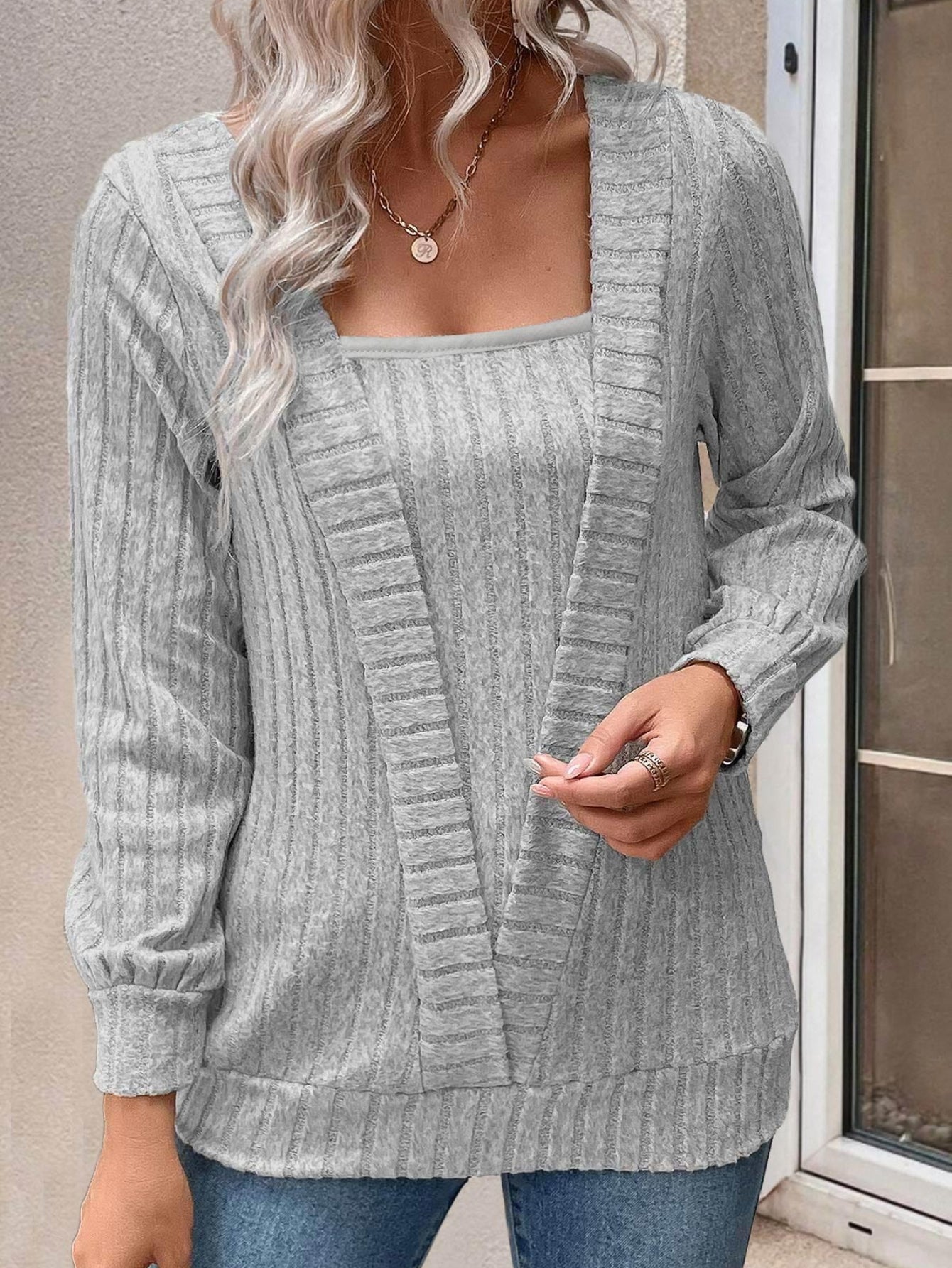 Women's Solid Color Rib Knit Embroidered 2-In-1 Casual Sweatshirt