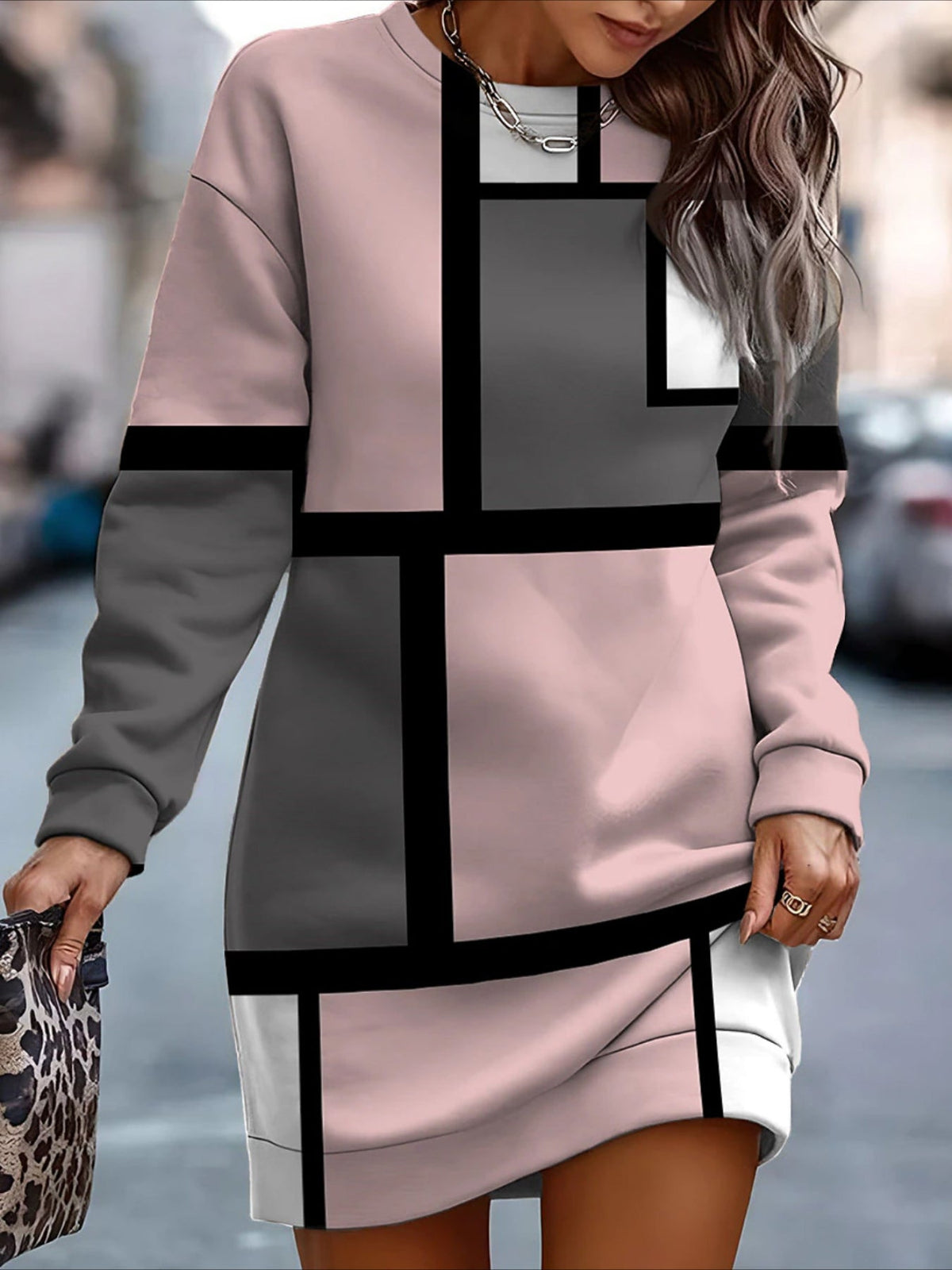 Women's Casual Geometric Pattern Long Sleeve Sweatshirt Dress - Polyester Knit Fabric, Fitted Style, Round Neck