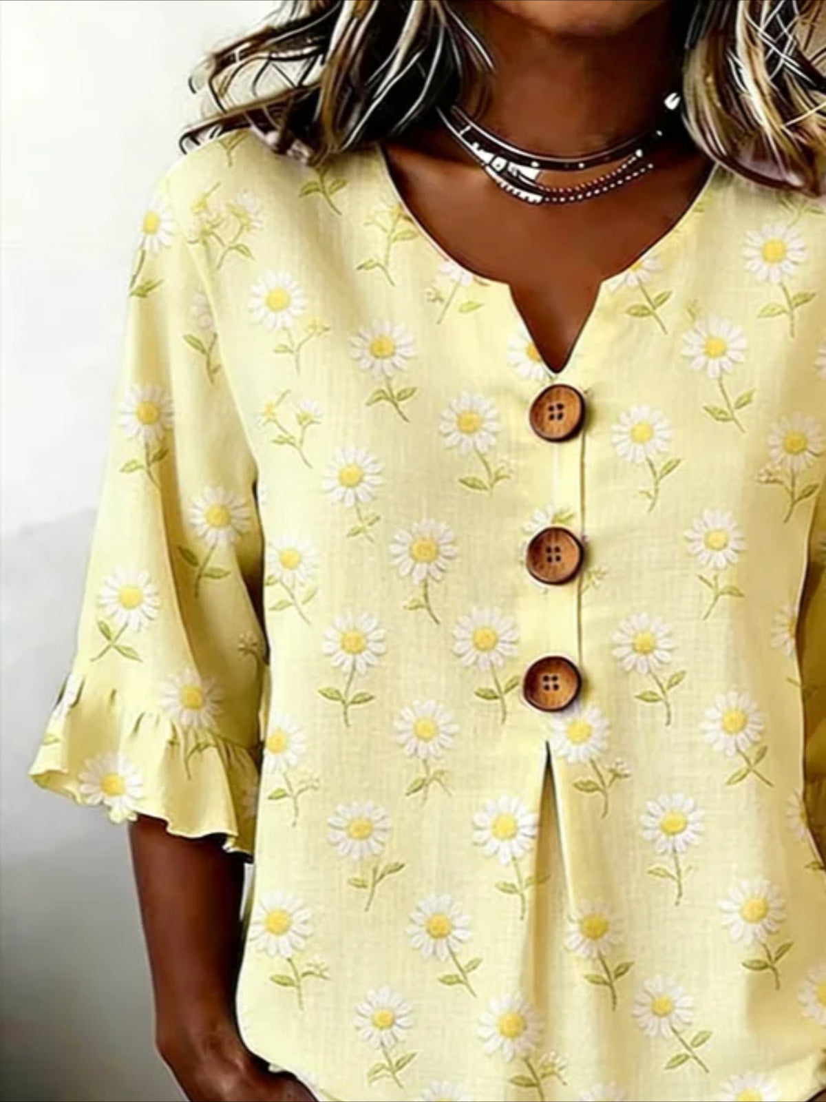 Floral V Neck Button Short Ruffle Sleeve Casual Top