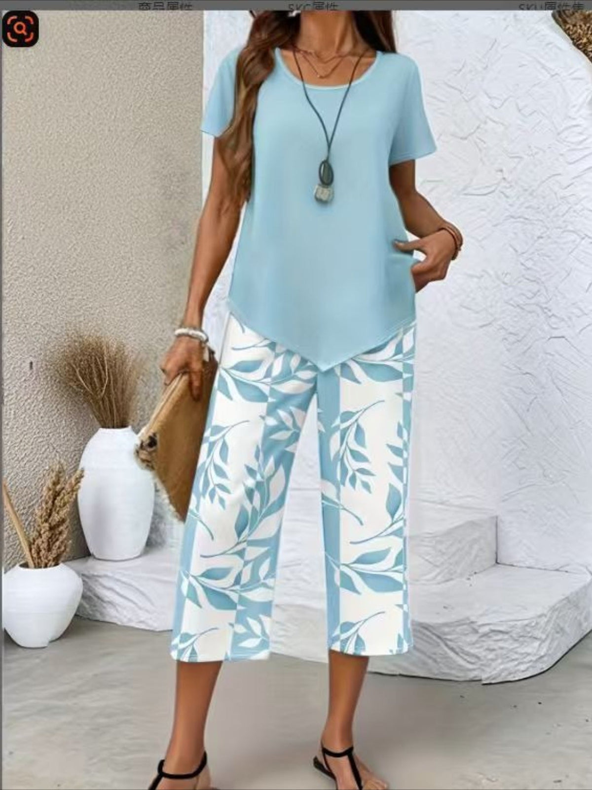 Solid Round Neck Short Sleeve Top With Floral Printing Pants Casual Two-Piece Set