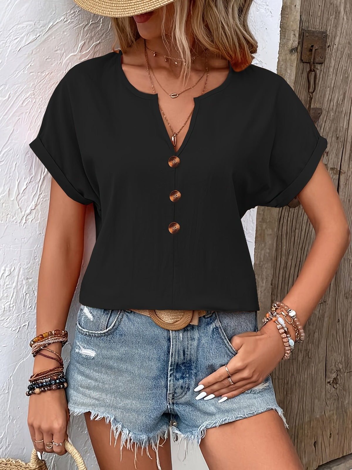 Elegant V-Neck Short Sleeve Button Detail Blouse