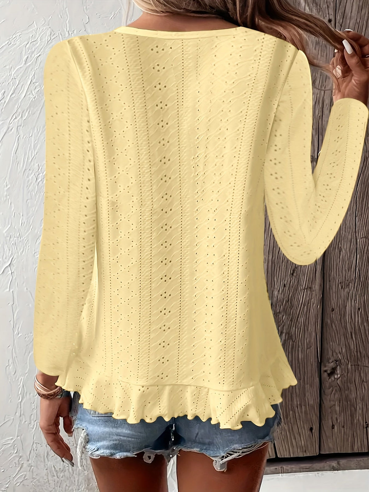 Stylish Asymmetrical Ruffle Hem Long Sleeve Top - Elegant Embroidered Solid Clothing