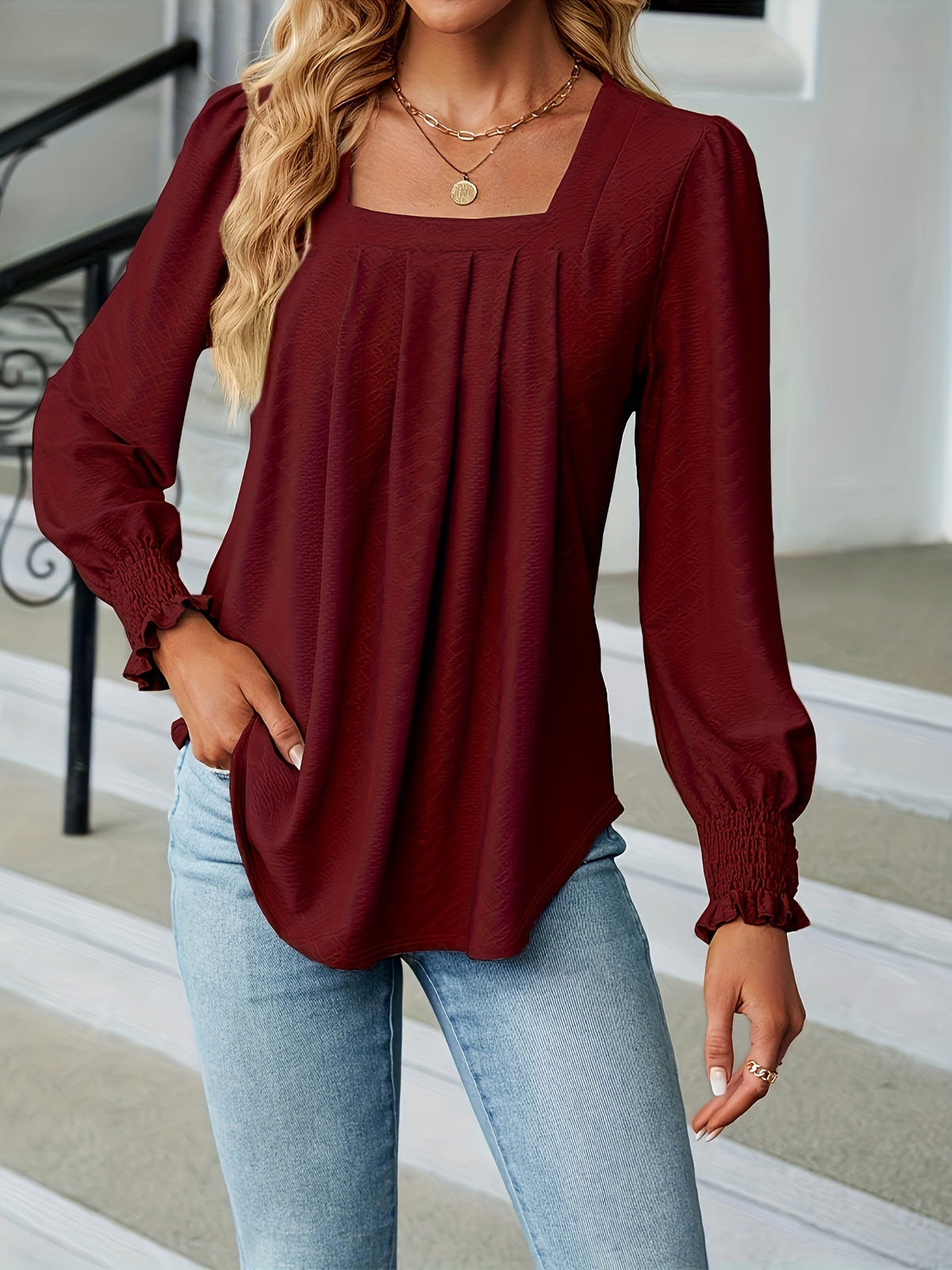 Elegant T-shirt, Women's  Argyle Textured Shirred Lantern Sleeve Square Neck Ruched Top