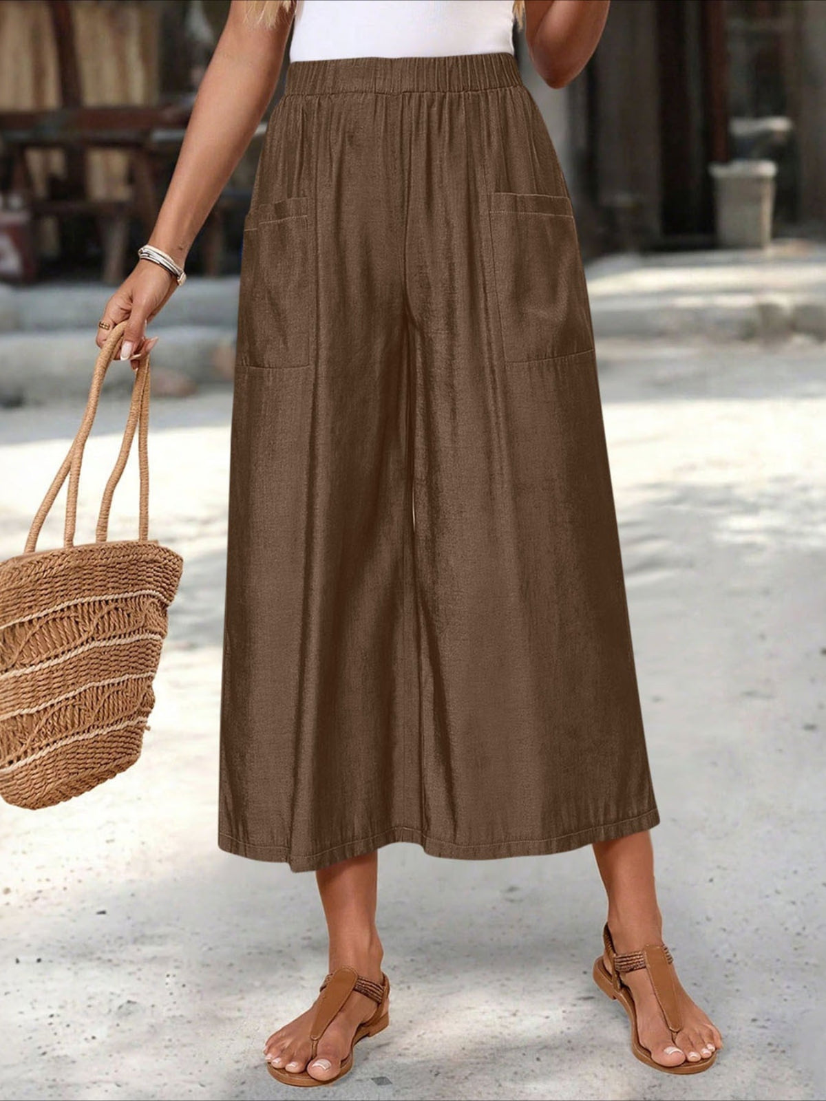 Solid Color Elastic Waist Y Casual Wide-Leg Ankle Pants