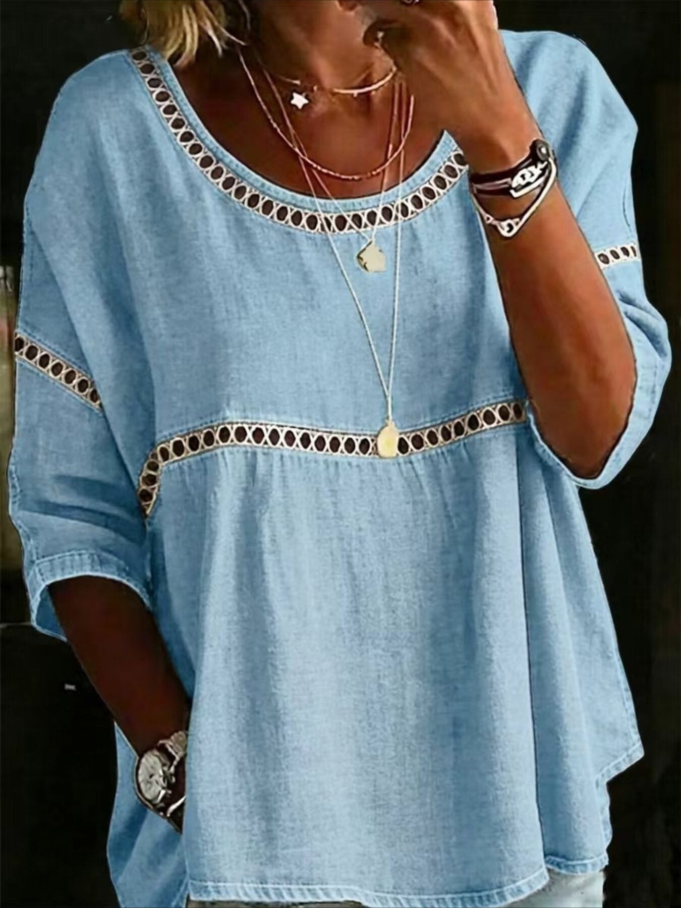 Flower Printed Mid Sleeve Pleated Round Neck Top
