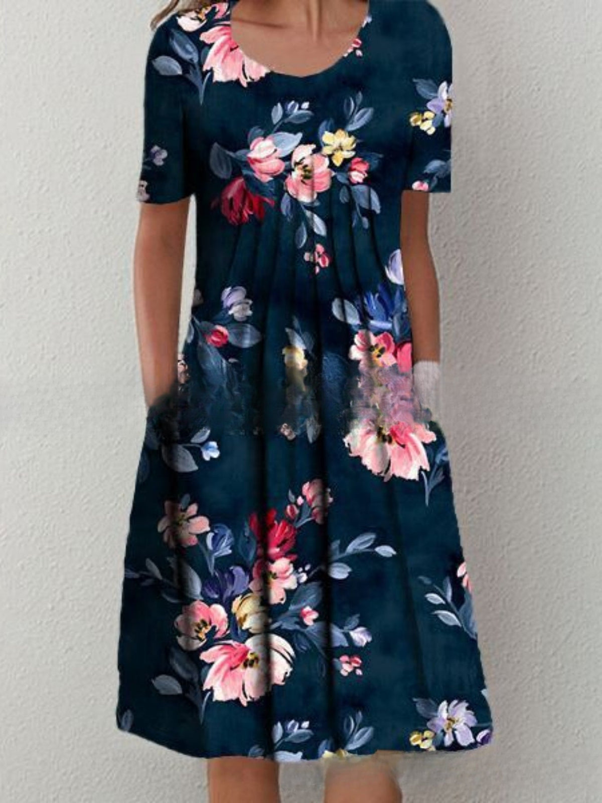 Mandala Print Short Sleeve Tucked Dress, Casual Crew Neck Dress