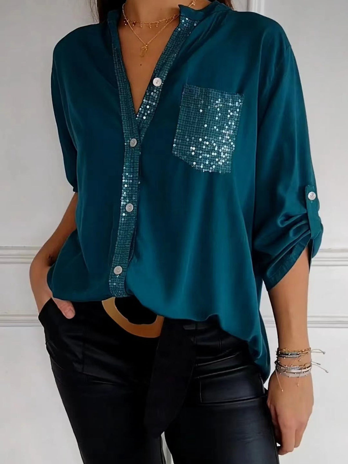 Solid Color Casual V-Neck Sequin Loose Fit Long Sleeve Blouse