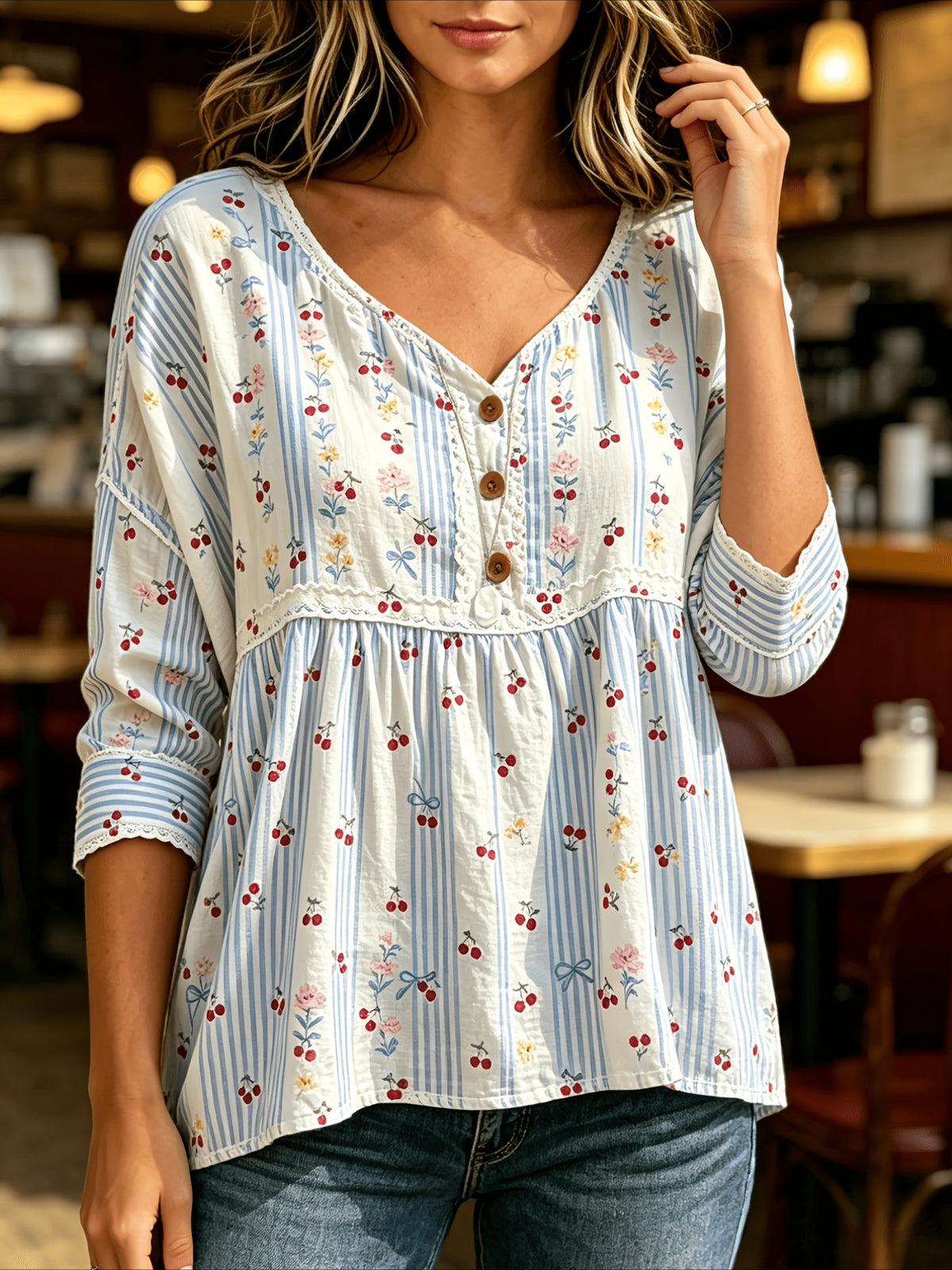 Floral Print 3/4 Sleeve V-Neck Three-Button Front Babydoll Blouse